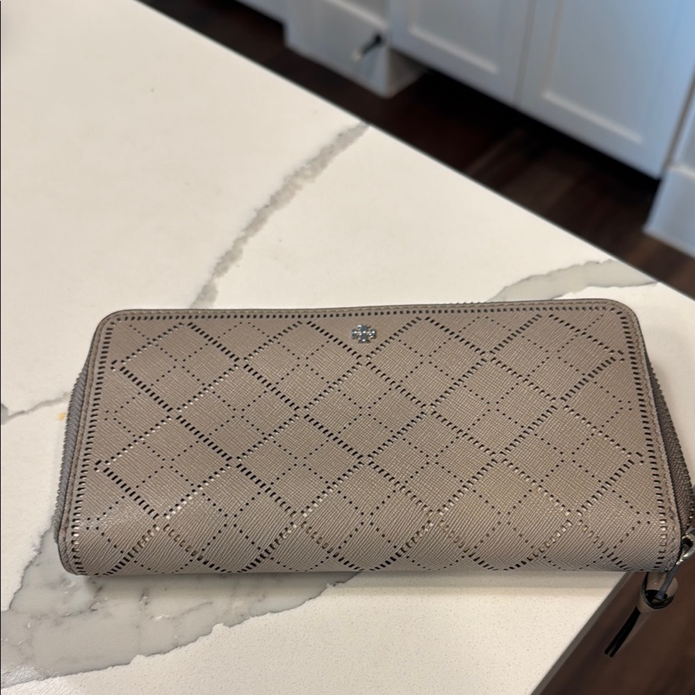 Tory Burch Taupe Quilted Zip Wallet